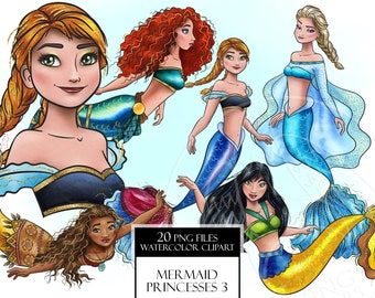 Watercolor Ocean Princesses clipart. Beautiful siren. Mermaid Princesses fantasy art. Digital print, printable art hand painted graphic, PNG