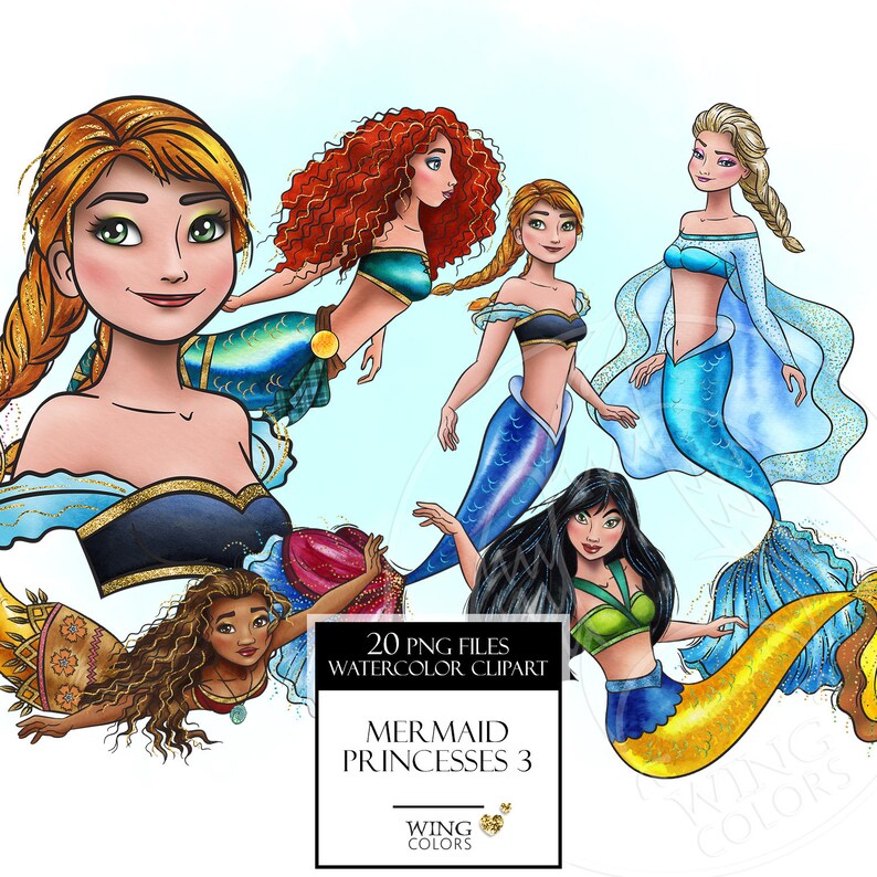 Watercolor Ocean Princesses clipart. Beautiful siren. Mermaid Princesses fantasy art. Digital print, printable art hand painted graphic, PNG image 1