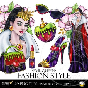 Akwarela Zła Królowa Moda Styl Clip Art. Fantasy Drag Queen Wieczorna Formalna Suknia, Buty I Torba. Ręcznie Malowane Modne Szkic Clipart PNG