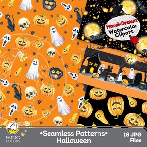 Aquarel Halloween griezelige naadloze patronen - Jack-o-lantern pompoen stofontwerp, maan spook magische heks toverdrank