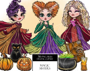 Digital clipart Halloween Party PNG. Magic Night. Witches Sisters. Digital print, printable art, t-shirt design, hand painted graphic, PNG