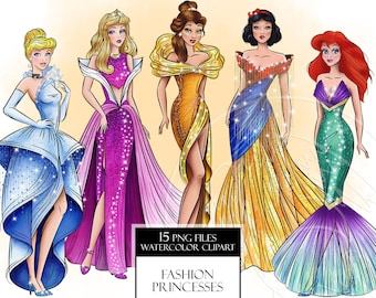 Watercolor fashion princesses clipart set. Fashion sketch. Evening dresses, outfit for special occasion, Digital, hand painted graphic, PNG