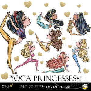 Schattige fitnessprinsessen die yoga beoefenen. Sportroutine, pop-asana's, geestelijke gezondheid en gezonde levensstijl Digitale illustraties Clipart
