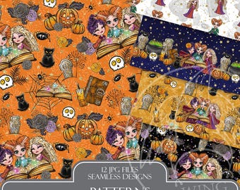 Magic Witch Sisters Halloween Seamless Pattern: Hand-Drawn Spooky Chibi Witch Backgrounds, Witchy Vibes Designs