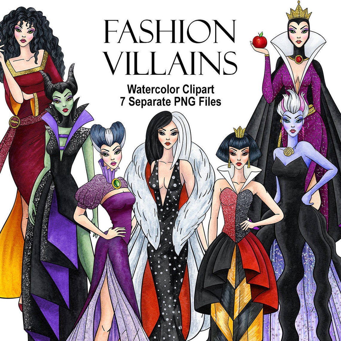 Watercolor Fashion villains. Fairytale villains. Digital Etsy