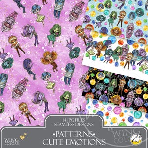 Hand-Drawn Chibi Emotions Character Seamless Pattern - Children's Mood Characters Fabric Design, Digital Paper Clipart