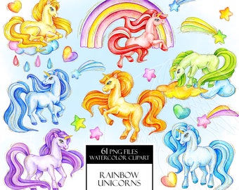 Watercolor Unicorn clipart. Cute fairy horses, rainbow, heart, star. Fancy pony for kids. Digital print, printable art PNG, nursery clip art