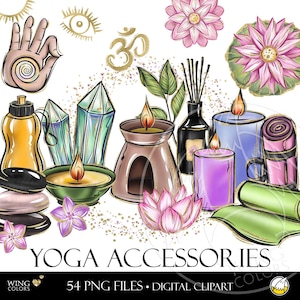 Simboli Yoga Clip Art Digitale - Fiori di Loto, Lampade Aromatiche, Candele. Illustrazioni Digitali Zen Essentials. Clipart PNG Stile di Vita Sano