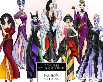 Watercolor Fashion Villains. Haute Couture. Glamour Luxury Fairytale Lady. Digital prints, printable art, decor, hand painted graphic PNG