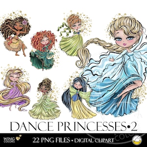 Tanzende Prinzessinnen Clip Art. Märchen Prinzessin Tanzstunde und Ballkleid. Ideal für Kinder Geburtstag Party Dekor Hand gezeichnet Clipart