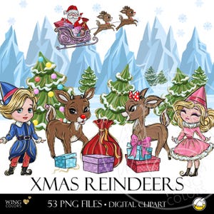 Clipart kerstrendier en kerstman. Edelhert, elf, sneeuwpop Magisch wintersprookje voor kinderen Handgetekende illustratie illustraties