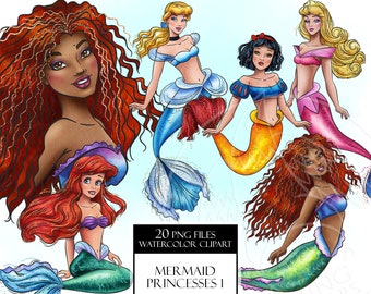 Watercolor Mermaid Princesses clipart PNG files. Ocean Princess. Beautiful Water Queens. Digital print, printable art, hand painted graphic