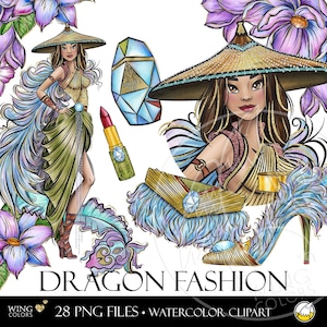 Dragon Princess Fashion Illustration Watercolor Clipart. Szkic mody wieczorowej sukni i akcesoriów. Zestaw klipartów Fantasy Princess Outfit