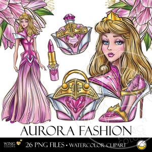 Księżniczka Aurora Wieczorna Moda Styl Akwarela Clip Art. Suknia imprezowa i akcesoria dla stylowej księżniczki Rysowany ręcznie szkic mody Clipart