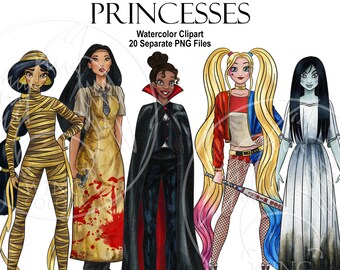 Watercolor Halloween Princesses. Horror party girls. Nightmare. Digital prints, printable art, kids room decor, hand painted graphic, PNG