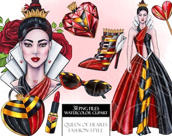 Watercolor Beautiful Villain Queen. Queen of Hearts Fashion Accessories. Glamour Luxury Diva. Fashion sketch style. Hand painted graphic PNG