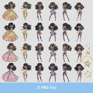 African-american super star singer girl. Digital clipart PNG. Glamour beautiful girls. Digital art, sublimation print, hand painted graphic image 3