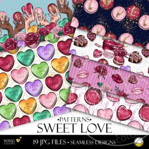 Clipart aquarelle de motifs sans couture pour la Saint-Valentin. Motifs romantiques de célébration d'amour macarons, chocolats, coeurs de bonbons, roses