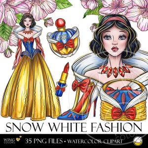 Snow White Fashion Style Akwarela Clip Art: Suknia wieczorowa i akcesoria dla stylowej księżniczki Rysowany ręcznie szkic mody Clipart