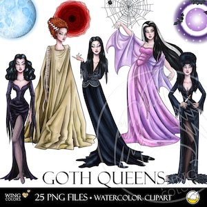 Sexy Goth Queens Aquarela Digital Clip Art. Ghouls Gang, Assustadoramente Lindas Vamp Ladies. Ilustrações Desenhadas À Mão Góticas De Halloween Clipart