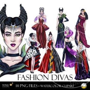 Moda Złoczyńca Super Modele Akwarela Clip Art - Wieczorowa Suknia Fantastyczna Królowa Ręcznie Rysowane Modne Szkice Ilustracje Clipart