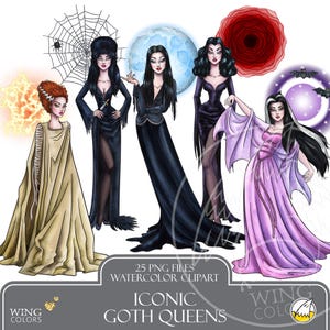 Gothic Queens Watercolor Halloween Clipart: Hand-Painted Сlassic Horror Vampire Queen, Monster Bride, Vamp Ladies