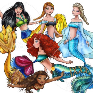 Watercolor Ocean Princesses clipart. Beautiful siren. Mermaid Princesses fantasy art. Digital print, printable art hand painted graphic, PNG image 10