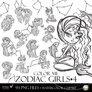 Color Me Sternzeichen Mädchen Clip Art. Astrologische Konstellationen Geburtstag Symbole, Mystische Astronomie Sterne Handgezeichnete Clipart Illustration