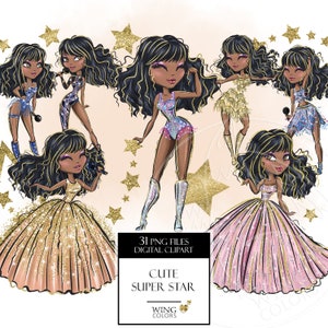 African-american super star singer girl. Digital clipart PNG. Glamour beautiful girls. Digital art, sublimation print, hand painted graphic image 1