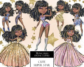 African-american super star singer girl. Digital clipart PNG. Glamour beautiful girls. Digital art, sublimation print, hand painted graphic