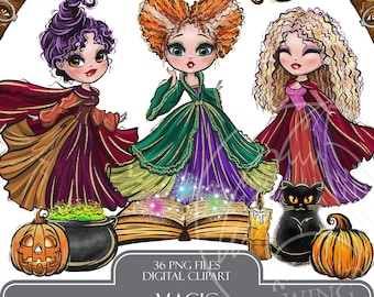 Imágenes prediseñadas de hermanas brujas: Ilustración dibujada a mano de magia de Halloween, personaje de bruja mágica chibi, gráficos de la temporada espeluznante