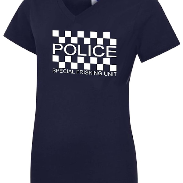 Police. Special Frisking Dept. navy blue Ladies Classic V Neck T-Shirt Tee Shirt