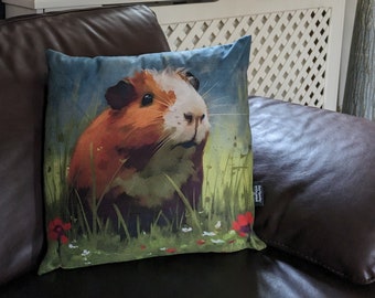 Guinea Pig Cushion Pillow (Red Flowers) guinea pigs, guinea pig gifts, guinea pig lover, guinea pig decor, guinea pig accessories