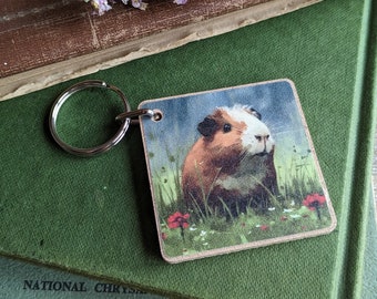 Guinea pig key ring (red flowers), guinea pig keychain, guinea pig gifts, guinea pigs, guinea pig lover, gifts for guinea pig lover