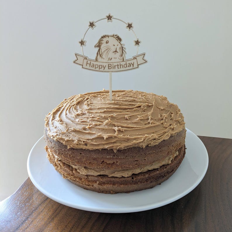 May include: A brown frosted cake with a wooden birthday cake topper featuring a guinea pig and the text "Happy Birthday".
