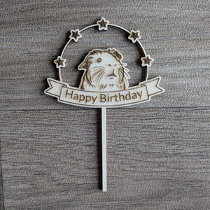May include: Wooden cake topper with a guinea pig illustration and a banner that reads "Happy Birthday". The topper is surrounded by a circle of stars.