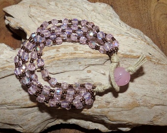 Linen "gypsie" bracelet, 5 rows of bronze seed beads and pink faceted boho glass beads