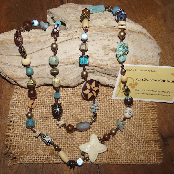 Sautoir, collier long "Rêves d'Afrique" sur ficelle de lin nouée et perles variées