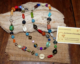 Sautoir, collier long "Métissage" sur ficelle de lin nouée et perles variées dans les tons multicolores