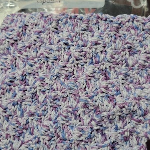 May include: A close-up of a crocheted dishcloth in shades of blue, purple, and white. The dishcloth is made with a textured, waffle-like stitch. The label reads "Blueberry Speckled".