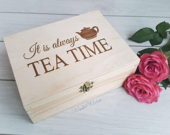 Tea Box with Compartments Wooden Box Tea Bags Box Personalised Box Box with Dividers Box with Sections Tea Gift Tea Lover Tea Party 6 sizes