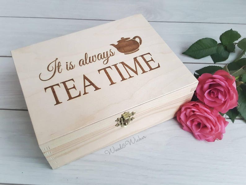 Tea Box with Compartments Wooden Box Tea Bags Box Personalised Box Box with Dividers Box with Sections Tea Gift Tea Lover Tea Party 6 sizes image 1