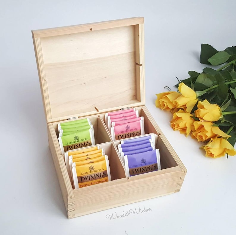 Tea Box with Compartments Wooden Box Tea Bags Box Personalised Box Box with Dividers Box with Sections Tea Gift Tea Lover Tea Party 6 sizes image 3