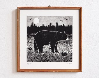 bear · original linocut · limited edition
