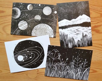 Postcard set of 4 "stars and planets"