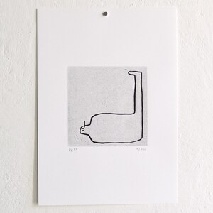 May include: Black and white line drawing of a person with a long neck and legs, printed on a textured paper. The print is numbered "1/100" and signed "Pk 23".
