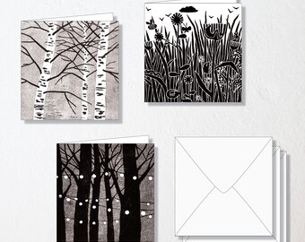 Lot de 3 cartes de vœux "Prairie et arbres" avec enveloppe · carrées · cartes pliantes · cartes cadeaux