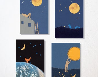 postcards set of 4 · moon and stars · Din A6 · colorful artist cards · illustration · gallery wall art · postcard collection · paper collage