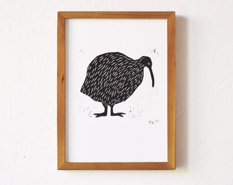 kiwi · originele linosnede · Din A5 · gesigneerd · kunst · linoprint