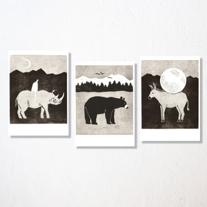 Lot de 3 cartes postales « ours, âne, rhinocéros »